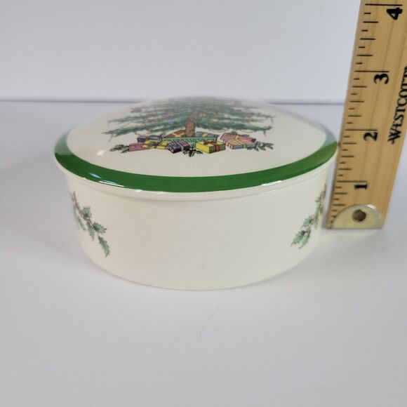 Green White Spode Christmas Tree Porcelain Round 5” Trinket Powder Box England - Picture 10 of 14